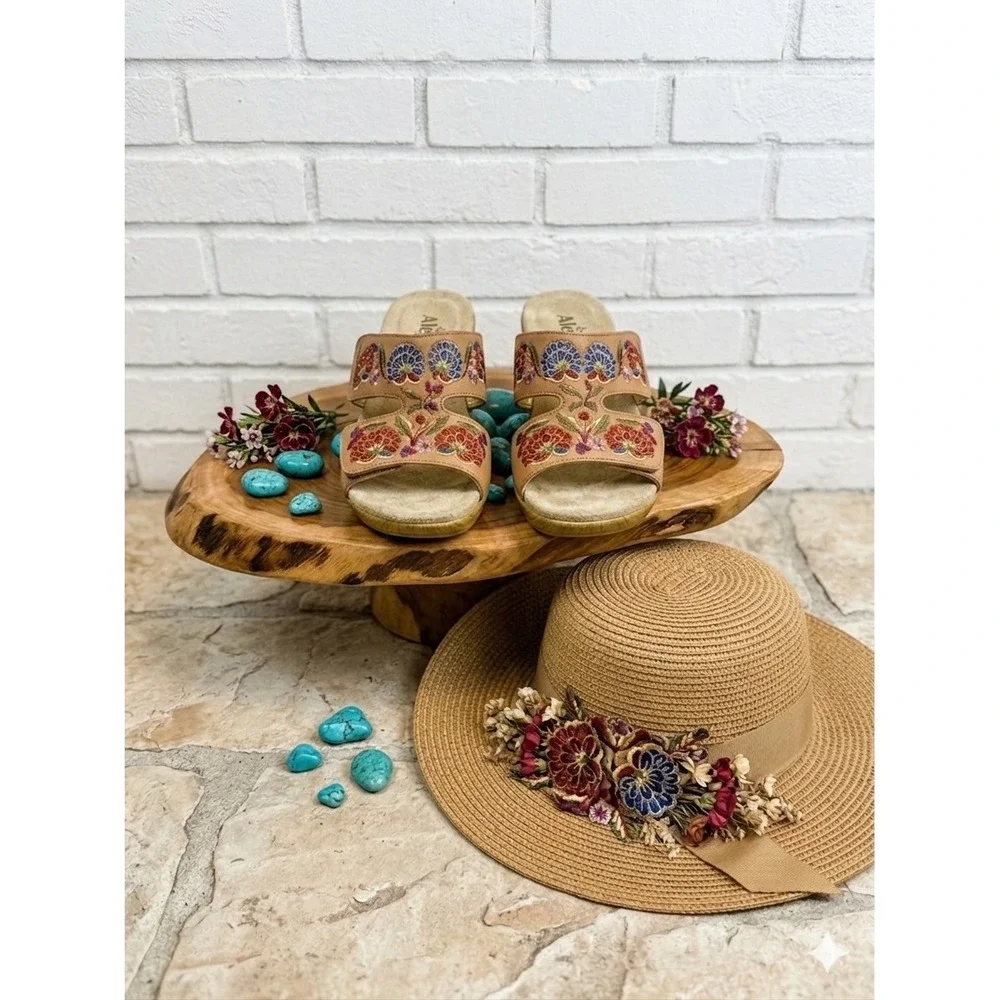Alegria PG Lite 🦋Leather Floral Embroidered‎ Wedge Slide Sandals BOHO 38 7.5-8